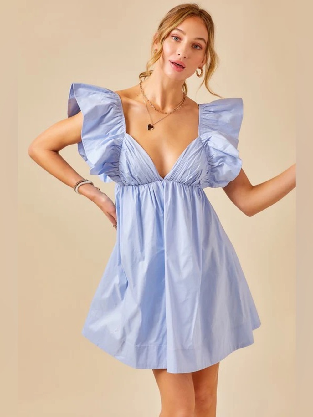 Light Blue Ruffle Sleeve Mini Dress with Deep V-Neck